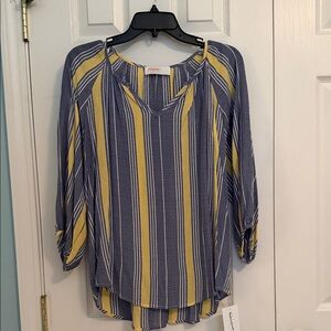 Reneec Striped V-Neck Blouse in Navy and Yellow 3/4 sleeve NWT M